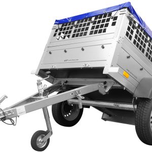 Petite remorque Garden Trailer 150 KIPP avec bâche bleue, roue jockey et tiges de support