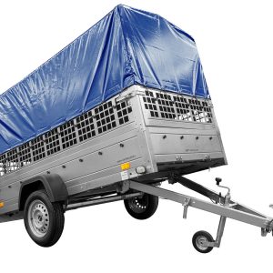 Remorque de jardin 264 KIPP avec roue jockey, glissières grillagées, châssis H-800 et couvercle bleu